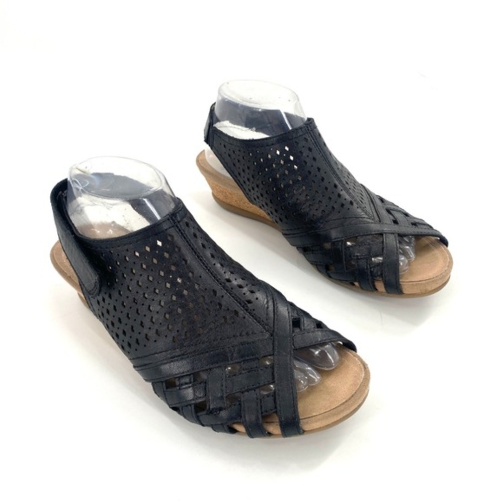 Earth Pisa Galli‎ Perforated Black Leather Comfort Cork Wedge Sandal 8.5W Women